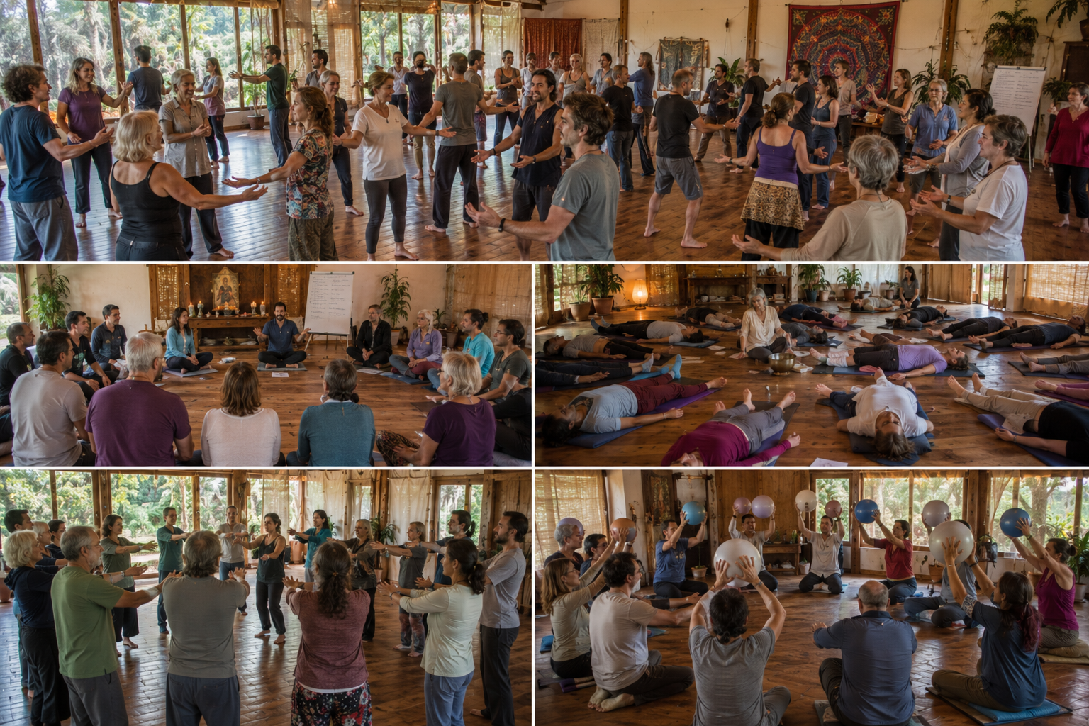 Participantes del retiro holístico de flores de bach disfrutando experiencias de sanación y bienestar