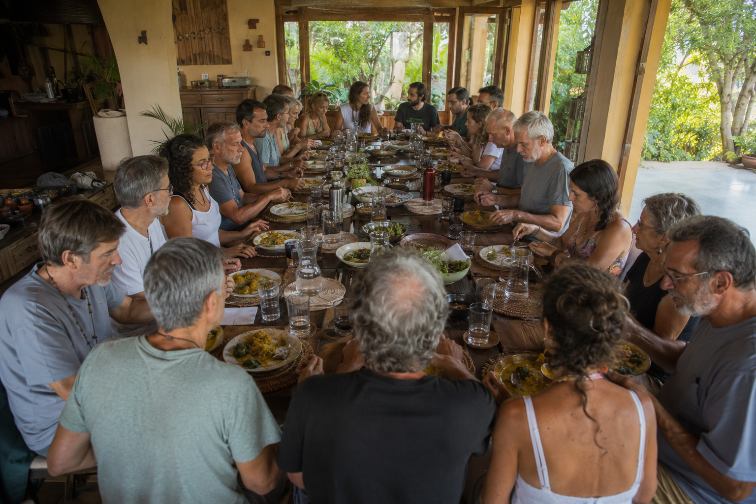 Participantes del retiro holístico de flores de bach disfrutando experiencias de sanación y bienestar