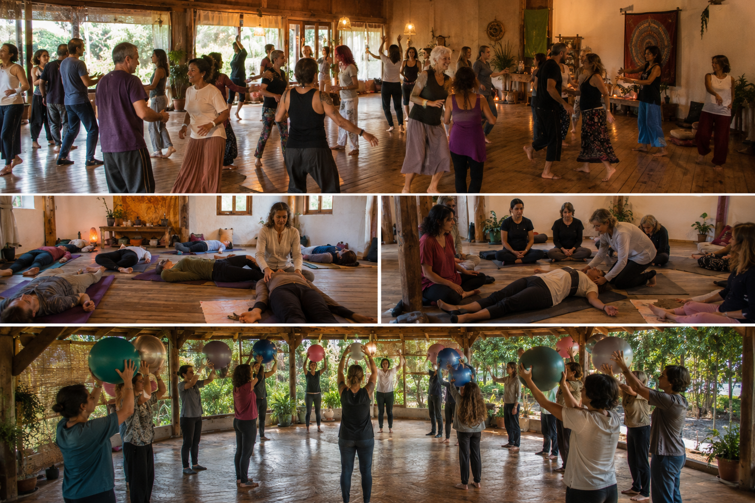 Participantes del retiro holístico de flores de bach disfrutando experiencias de sanación y bienestar