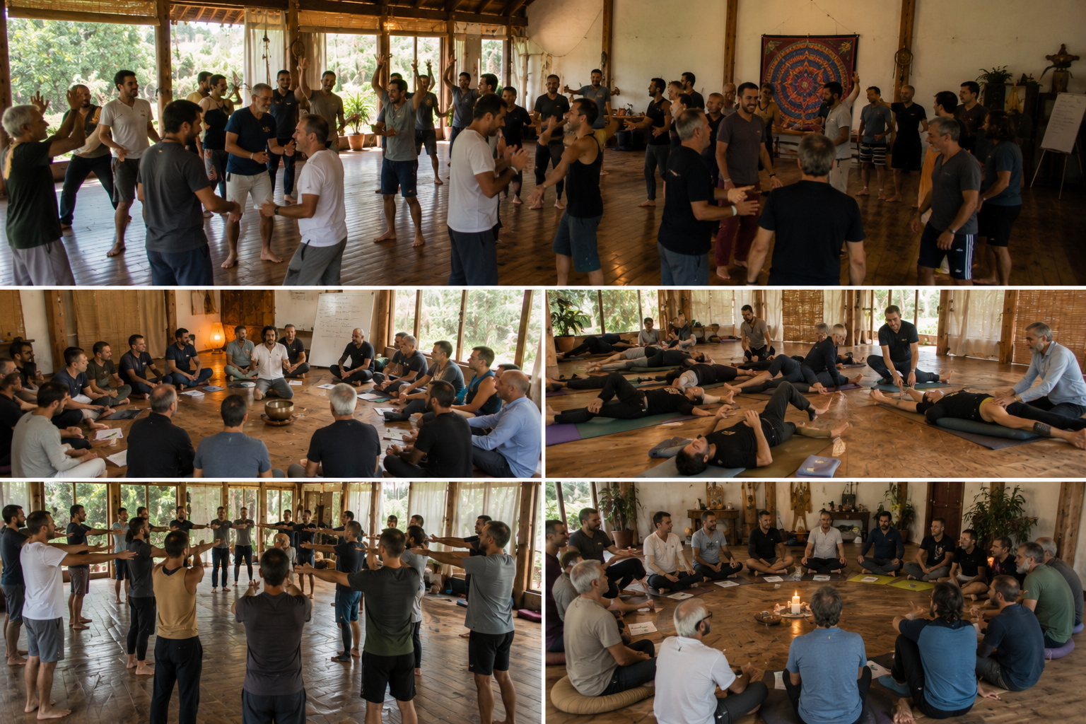 Participantes del retiro holístico de flores de bach disfrutando experiencias de sanación y bienestar