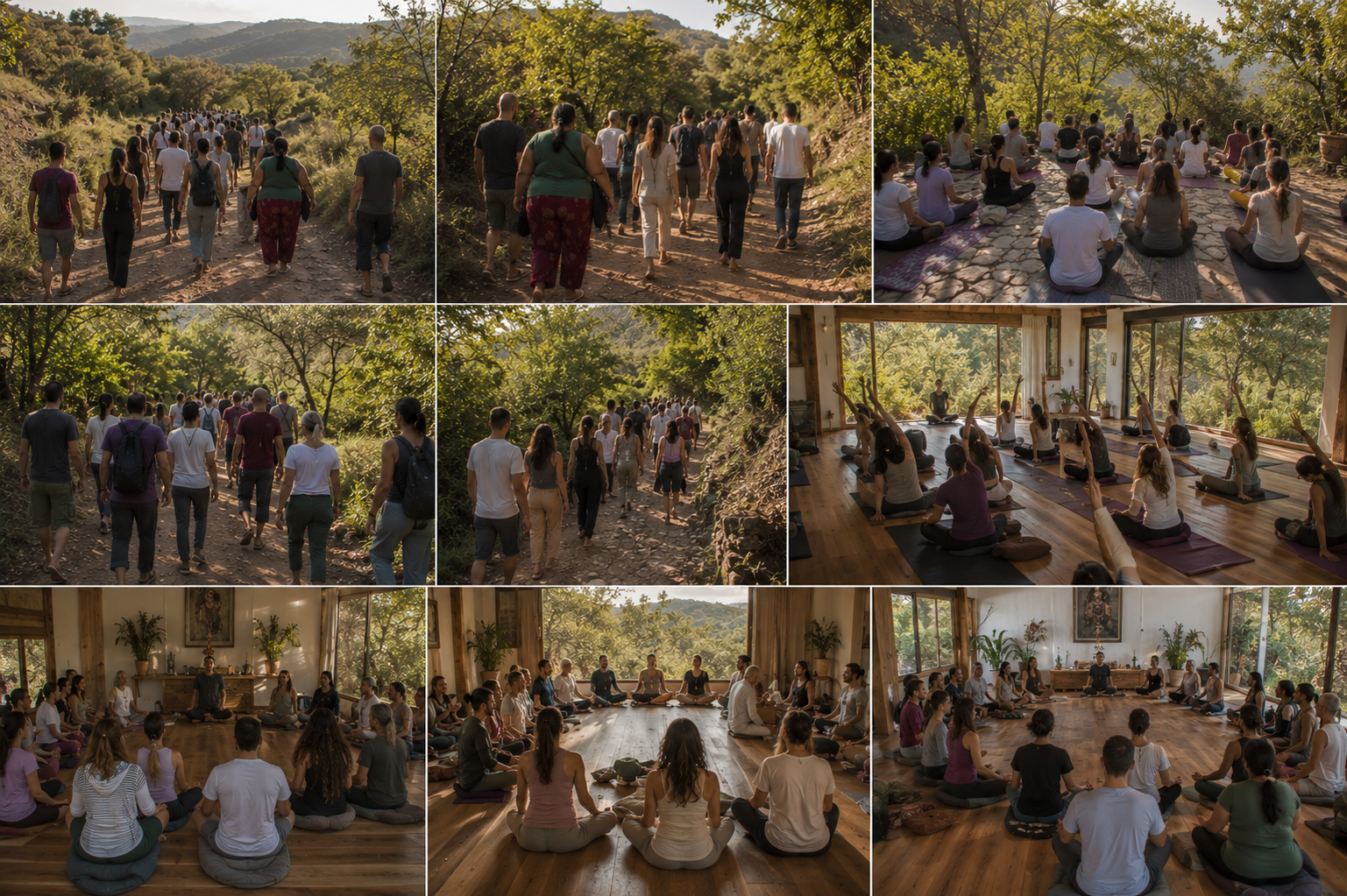 Participantes del retiro holístico de flores de bach disfrutando experiencias de sanación y bienestar