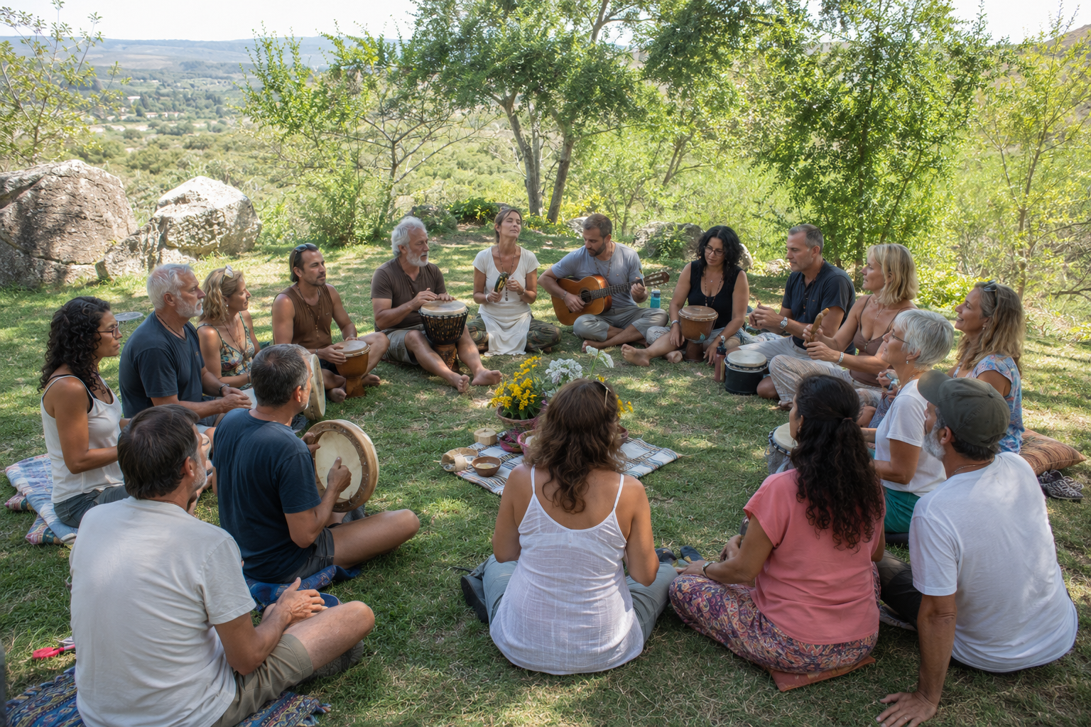 Participantes del retiro holístico de flores de bach disfrutando experiencias de sanación y bienestar