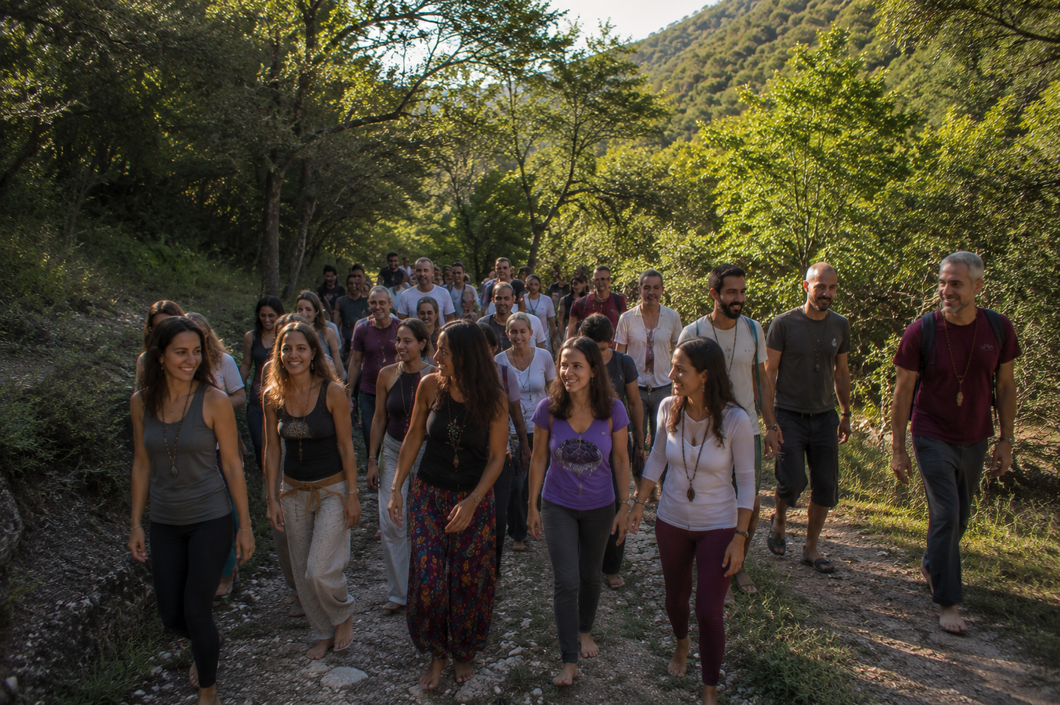 Participantes del retiro holístico de flores de bach disfrutando experiencias de sanación y bienestar