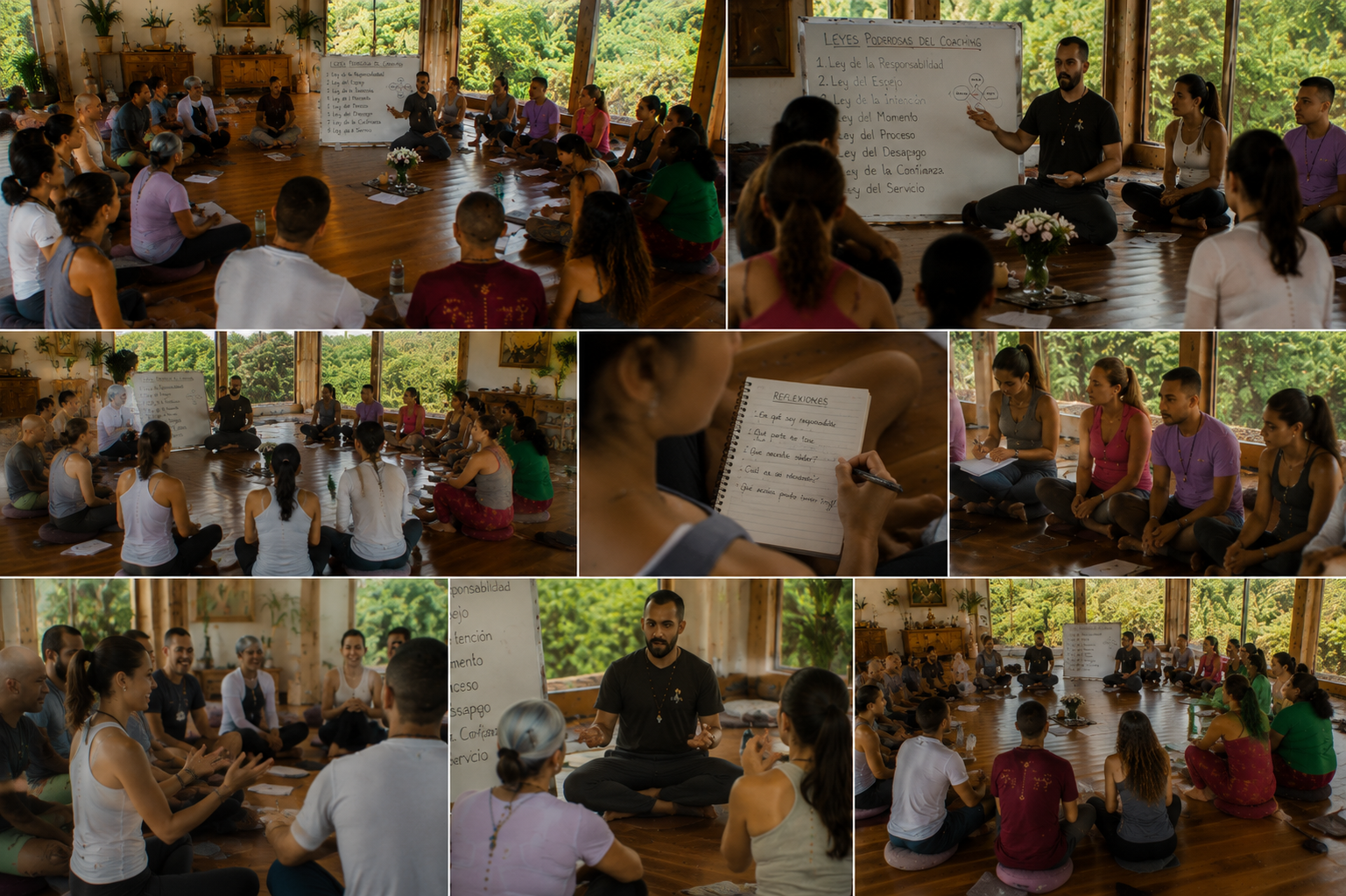 Participantes del retiro holístico de flores de bach disfrutando experiencias de sanación y bienestar