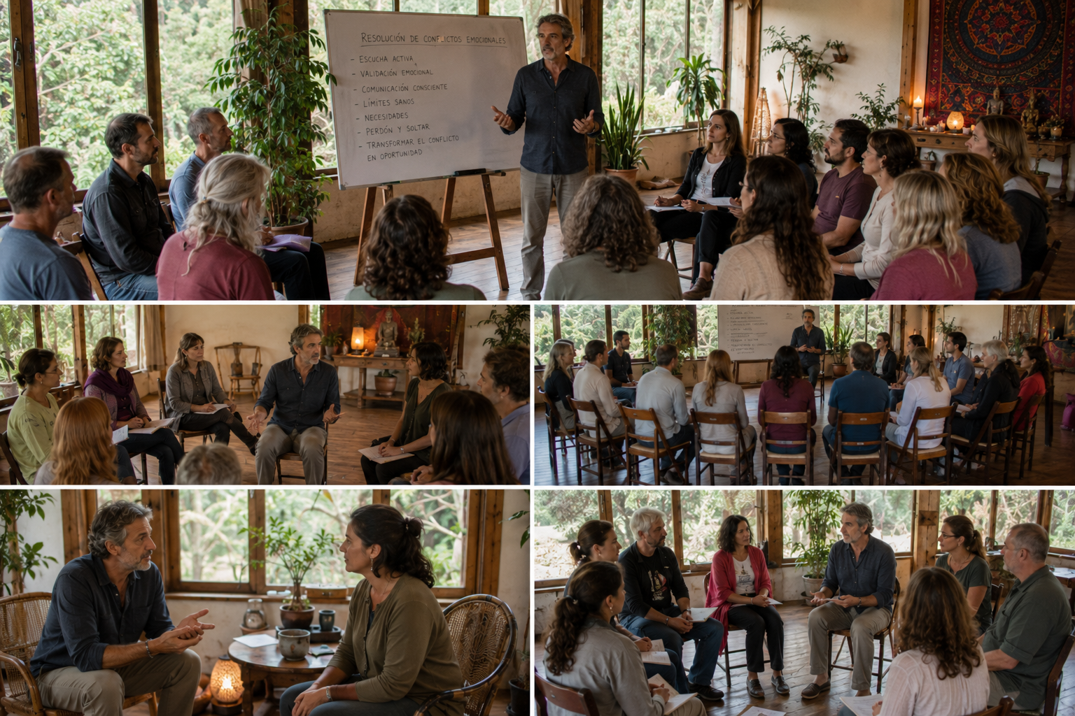 Participantes del retiro holístico de flores de bach disfrutando experiencias de sanación y bienestar